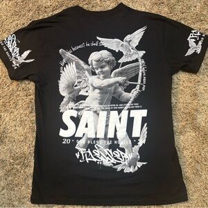 New Black Puff Print Saint Angel Graphic Tee Mens Large